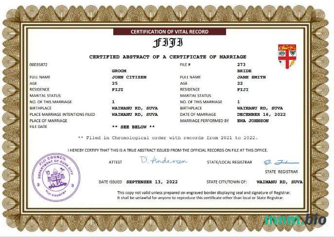 Fiji akt małżeństwa Word i PDF szablon